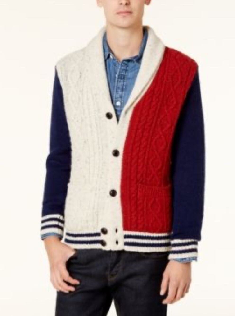 Tommy Hilfiger Colorblock Shawl Collar Wool Blend Cardigan Red Navy L